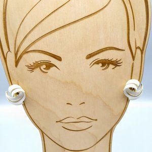 Vintage Crown Trifari White Swirl Earrings, Gold Tone and Enamel Dimensional